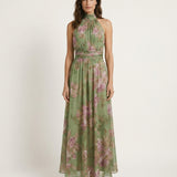 Ariana – Vestido largo floral con cuello halter y caída elegante