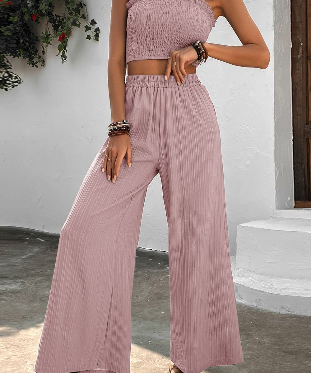 Vania - Conjunto de top fruncido y pantalón